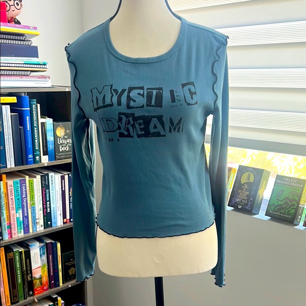 Source Unknown Aqua Blue w/ Black lettering/threaded accents, Fitted Long Sleeve